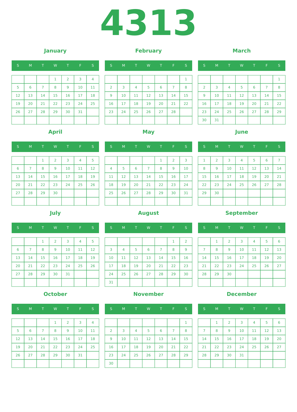 Printable 4313 Year Calendars green