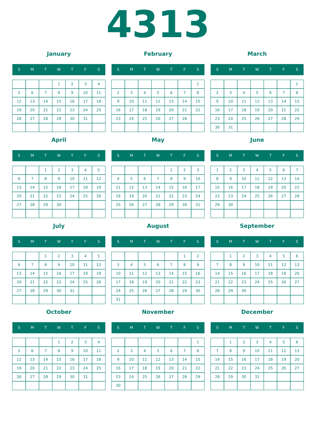 Printable 4313 Year Calendars pastel