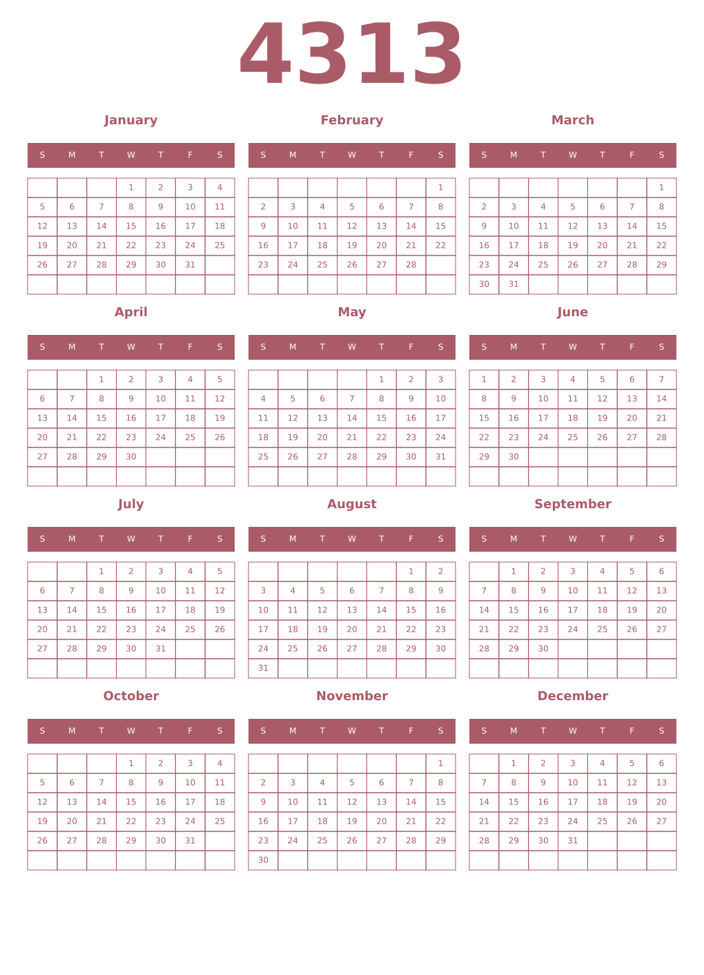Printable 4313 Year Calendars puce
