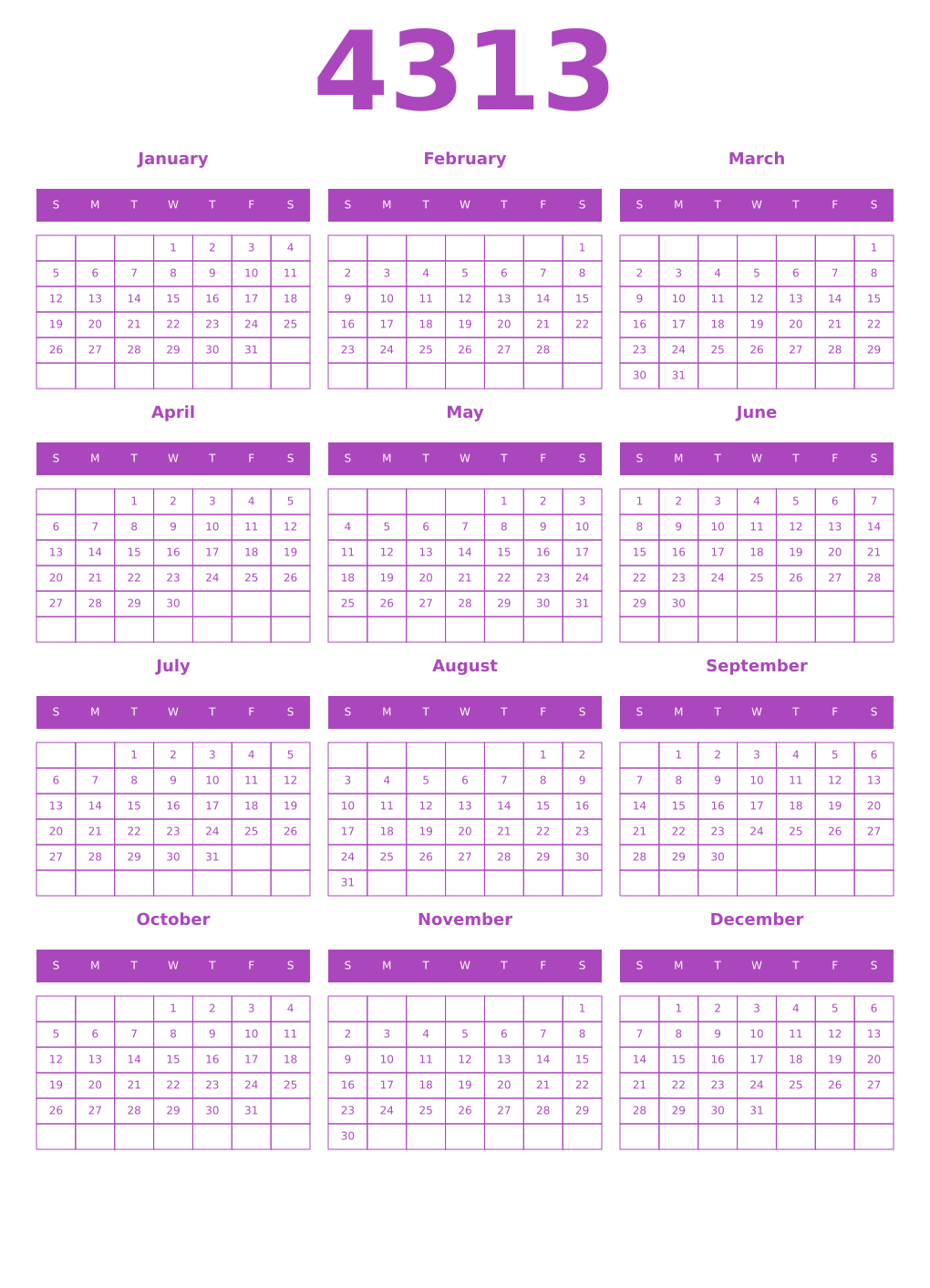 Printable 4313 Year Calendars purple