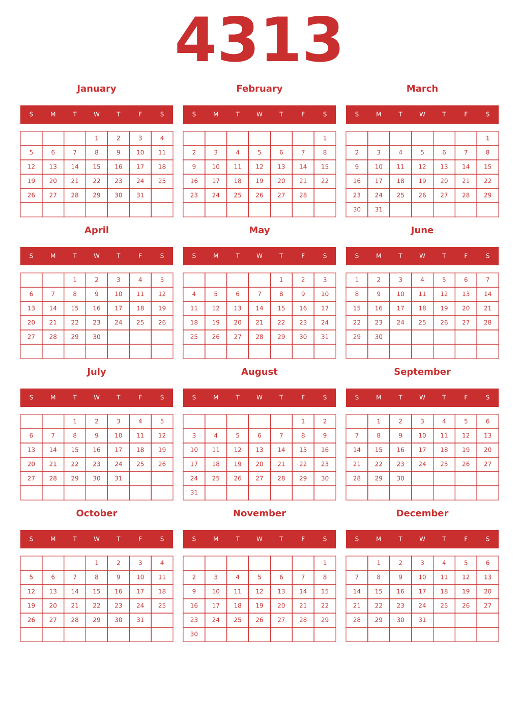 Printable 4313 Year Calendars red