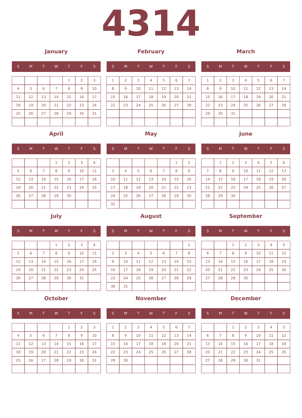 Printable 4314 Year Calendars cordovan