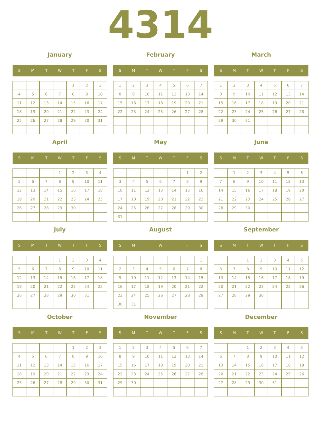 Printable 4314 Year Calendars eburnean