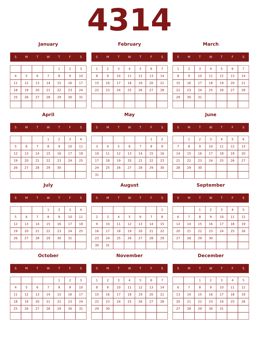 Printable 4314 Year Calendars falu