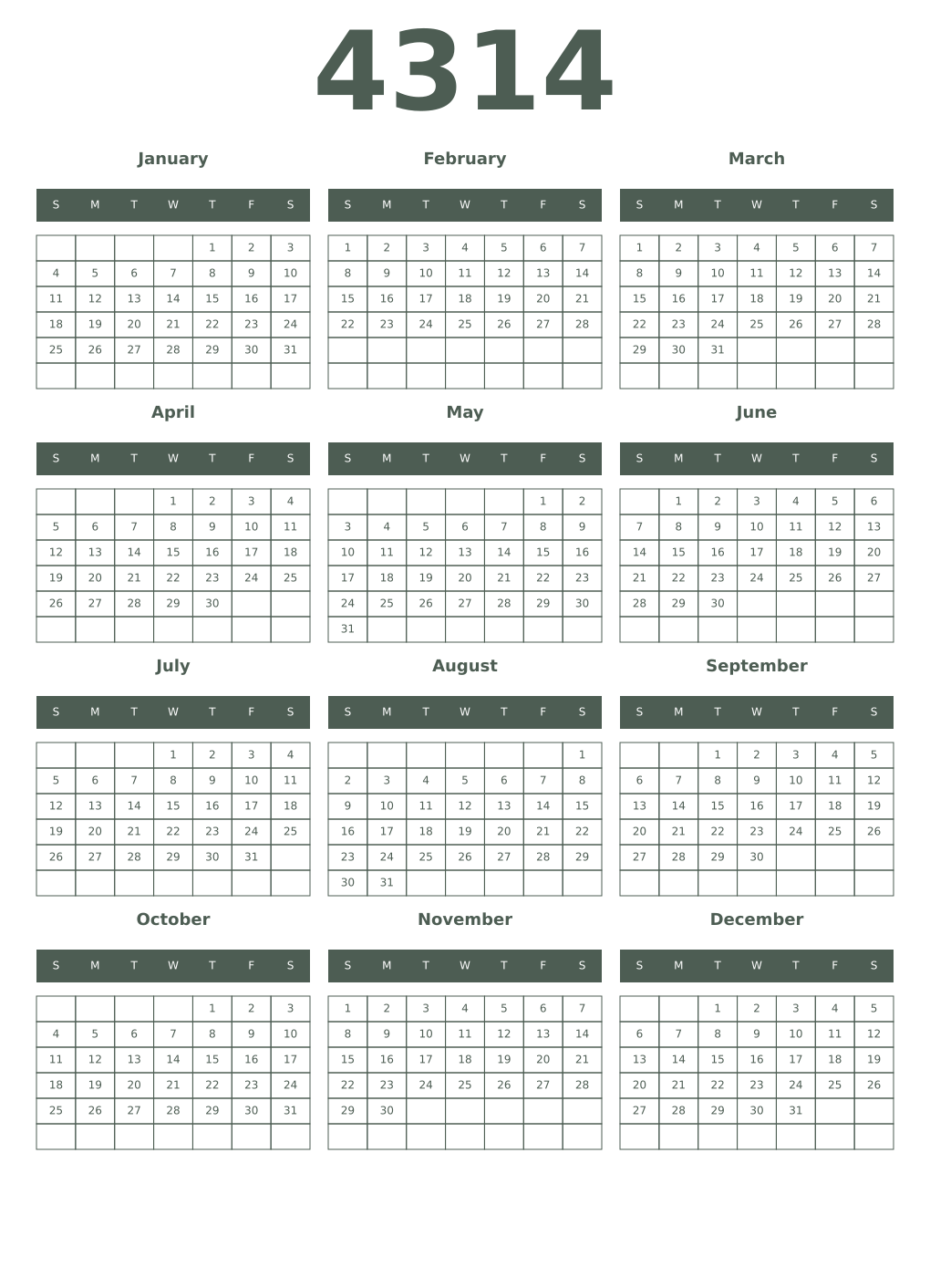 Printable 4314 Year Calendars feldgrau
