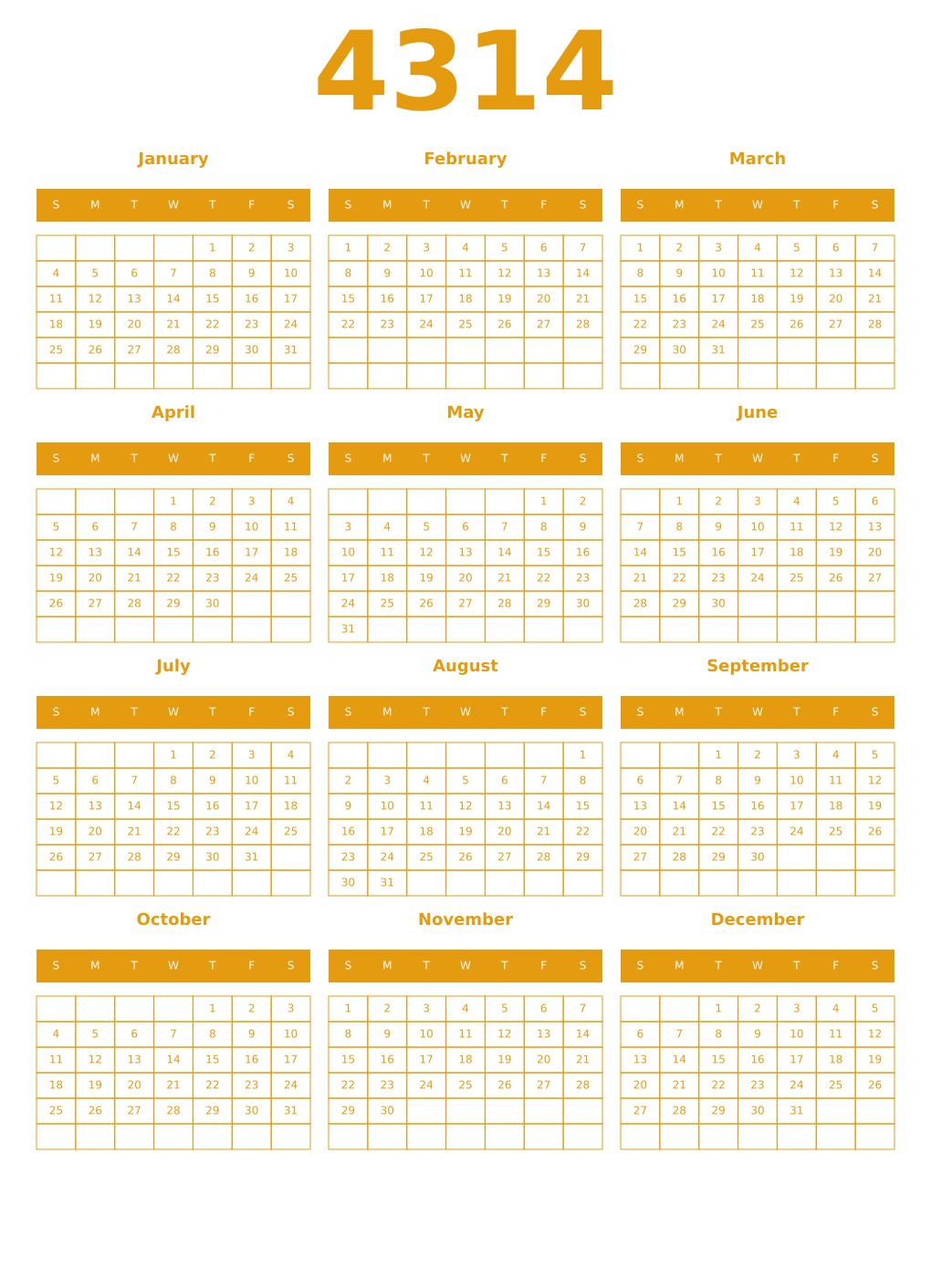 Printable 4314 Year Calendars gamboge