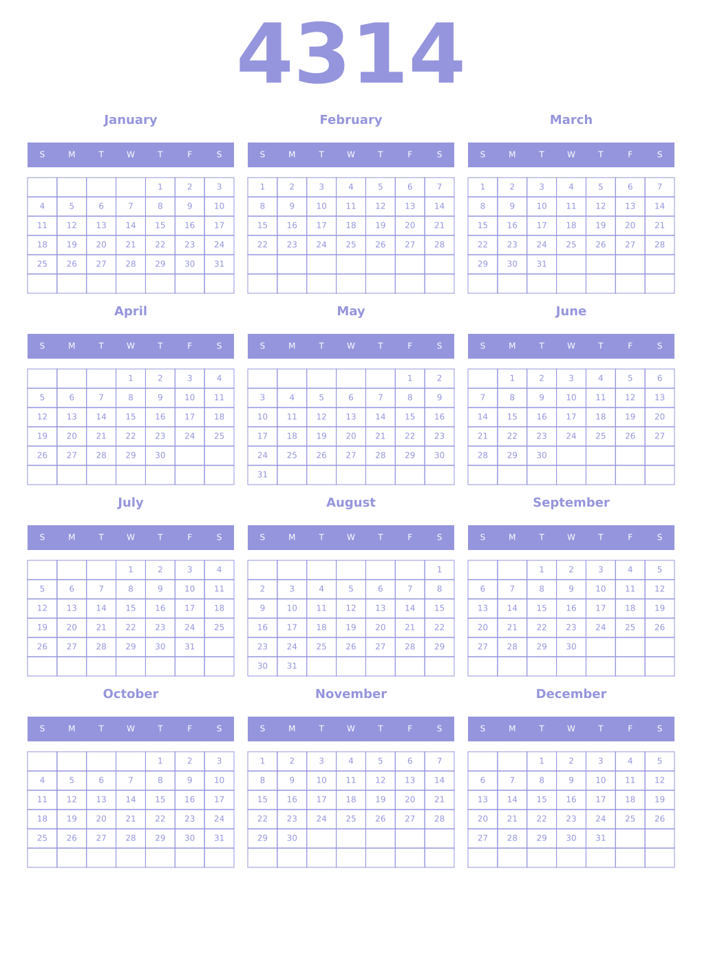 Printable 4314 Year Calendars periwinkle