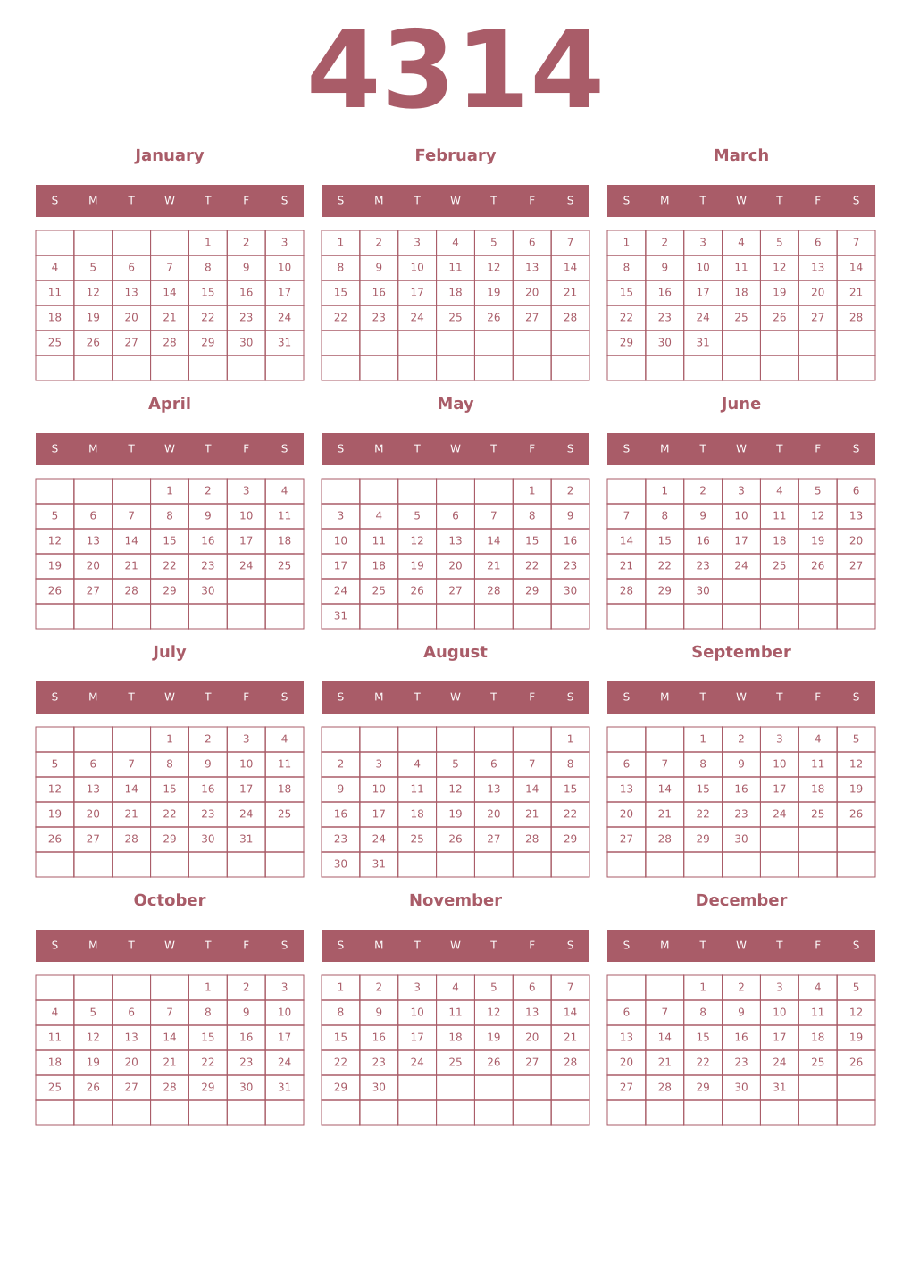 Printable 4314 Year Calendars puce