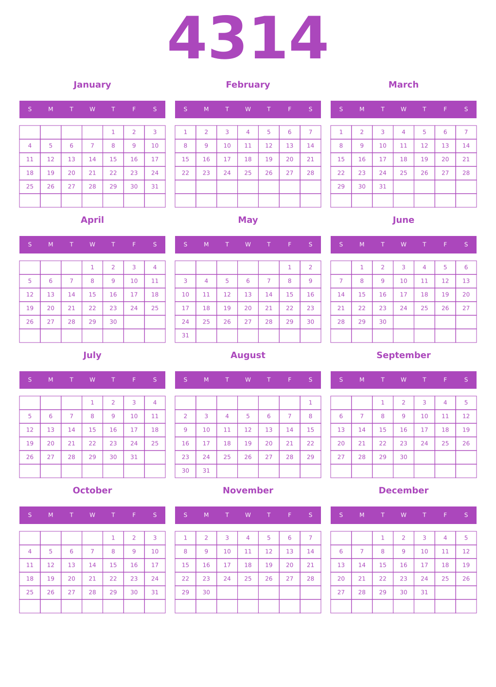 Printable 4314 Year Calendars purple