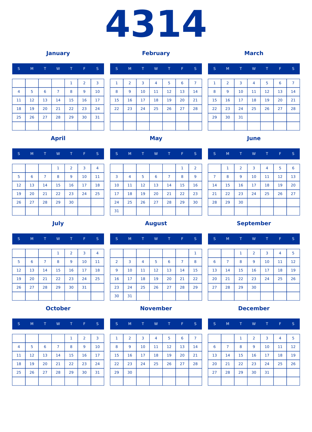 Printable 4314 Year Calendars smalt