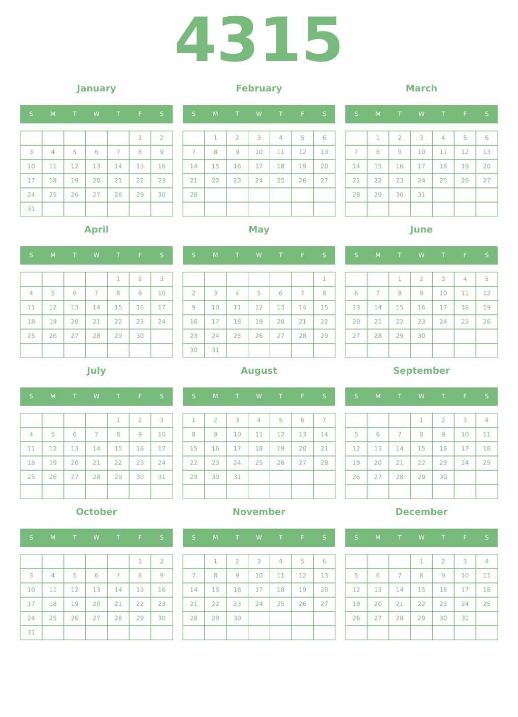 Printable 4315 Year Calendars celadon