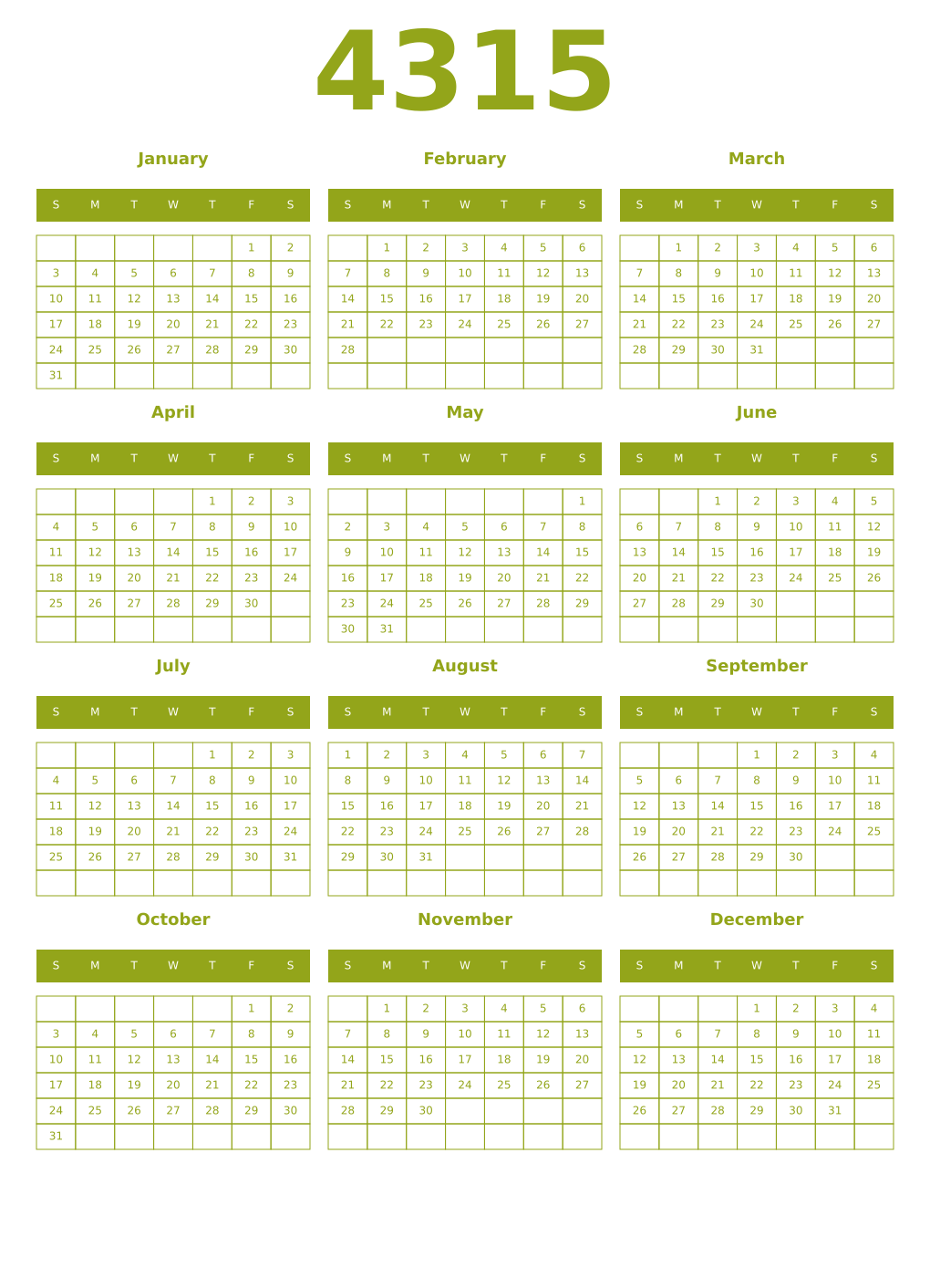 Printable 4315 Year Calendars chartreuse