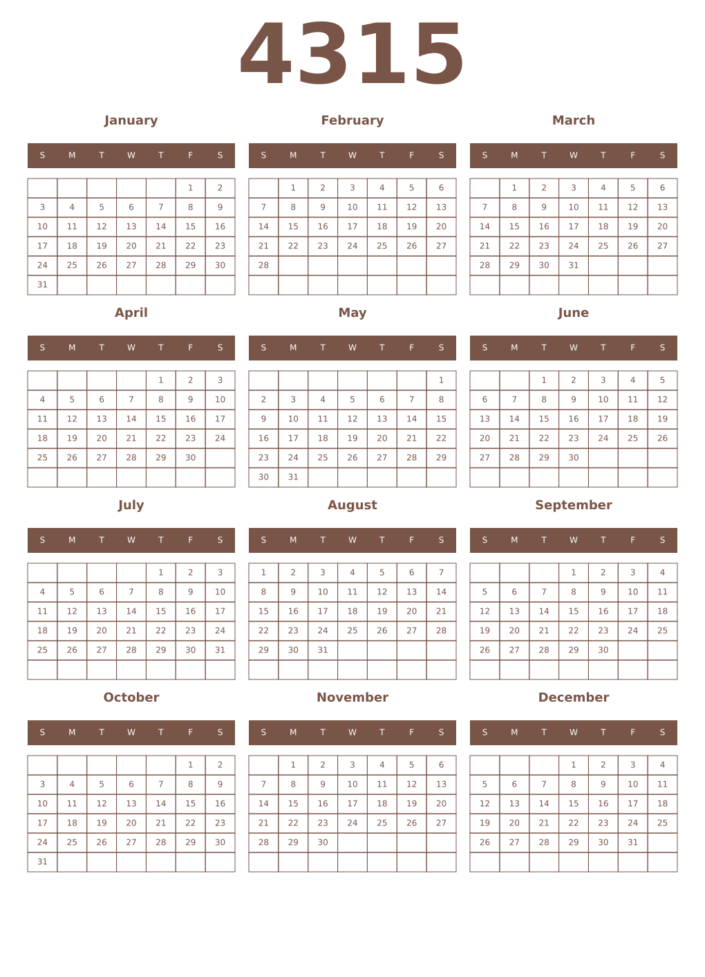 Printable 4315 Year Calendars coffe