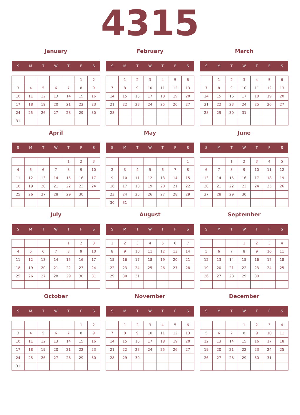 Printable 4315 Year Calendars cordovan