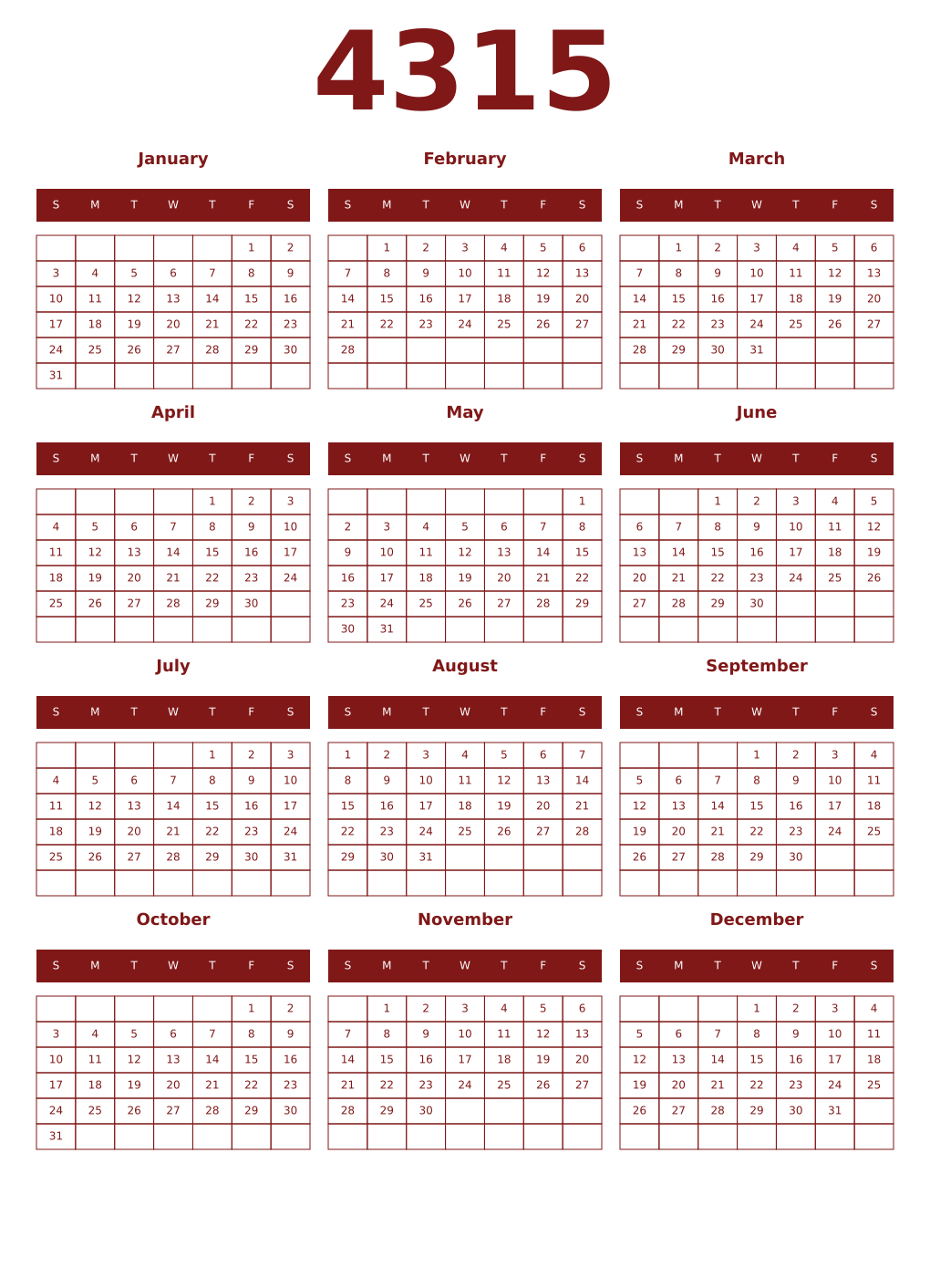Printable 4315 Year Calendars falu