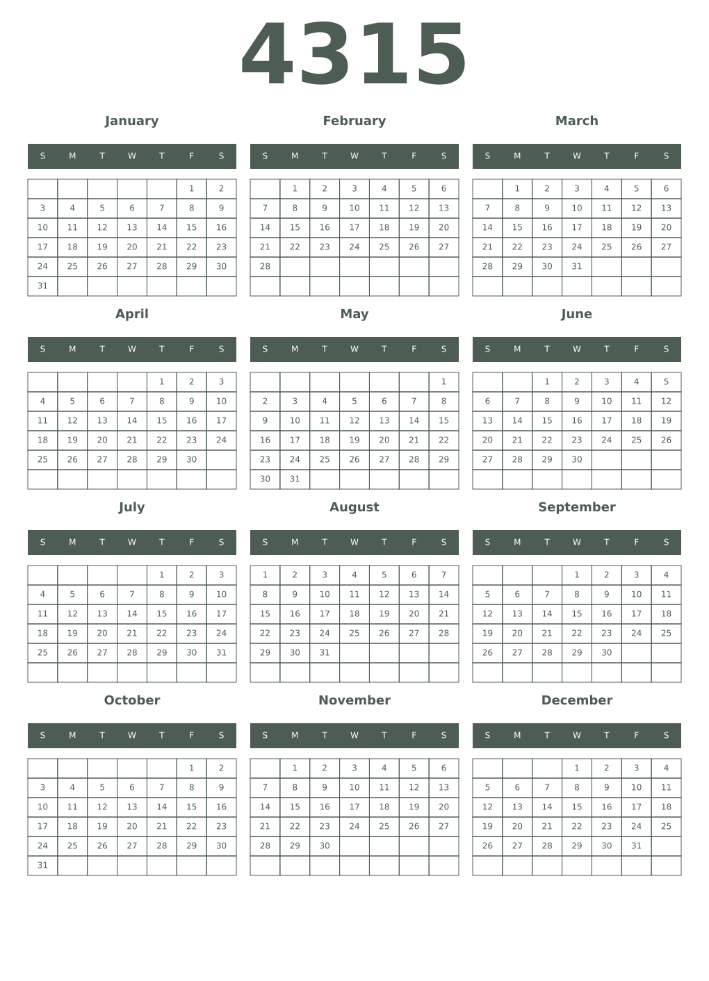 Printable 4315 Year Calendars feldgrau