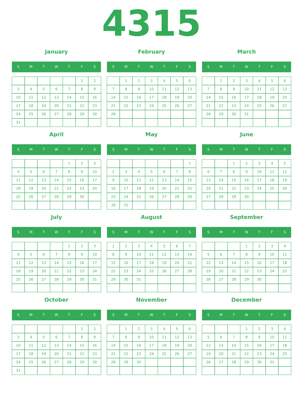 Printable 4315 Year Calendars green