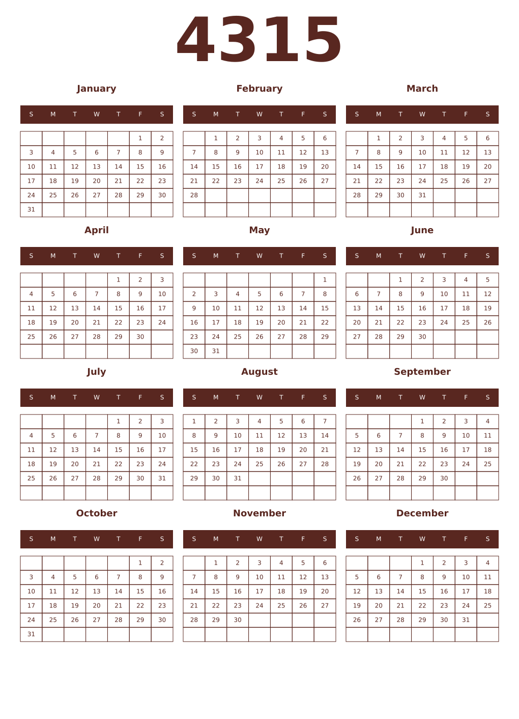 Printable 4315 Year Calendars mortuum