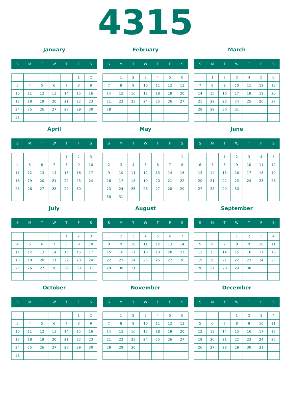 Printable 4315 Year Calendars pastel