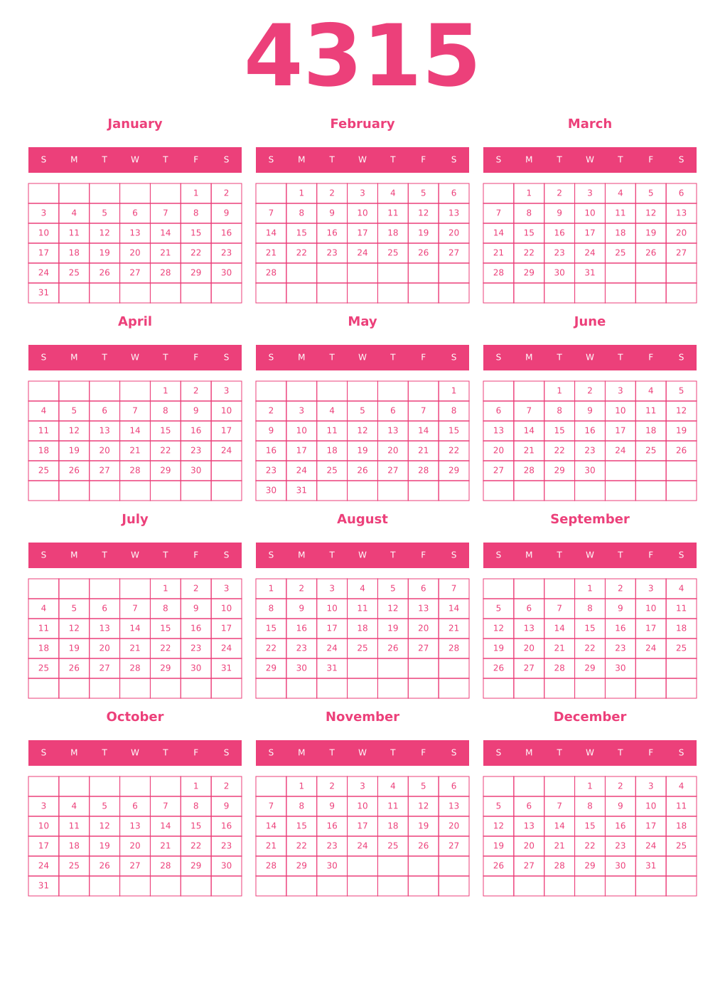 Printable 4315 Year Calendars pink