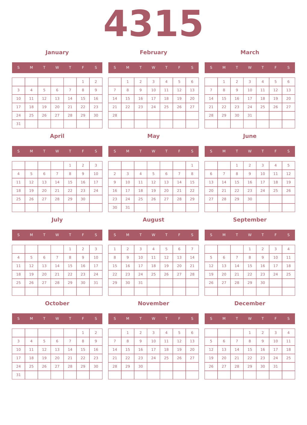 Printable 4315 Year Calendars puce