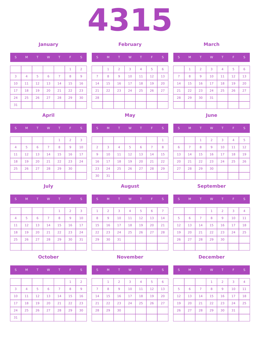 Printable 4315 Year Calendars purple