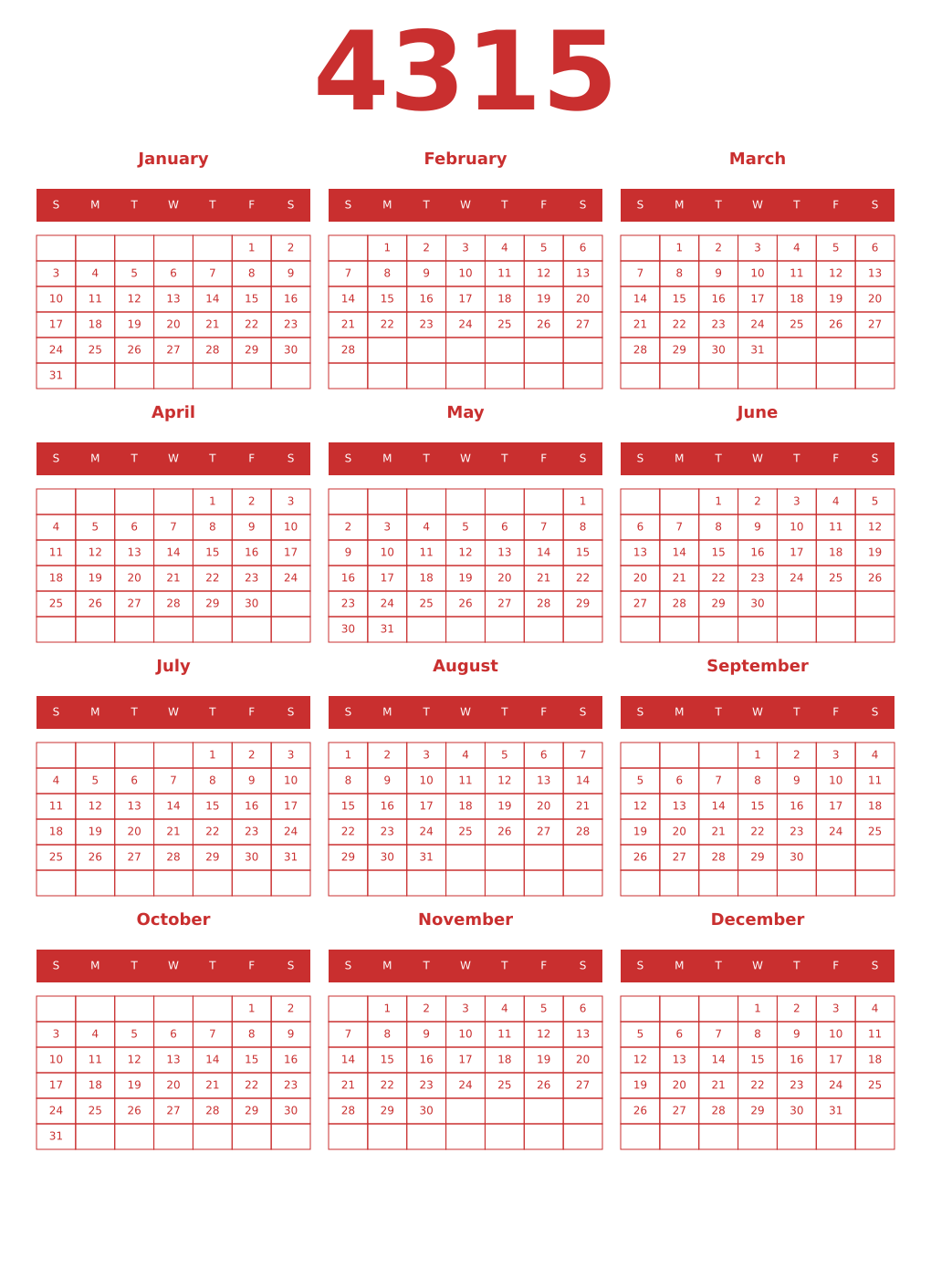 Printable 4315 Year Calendars red