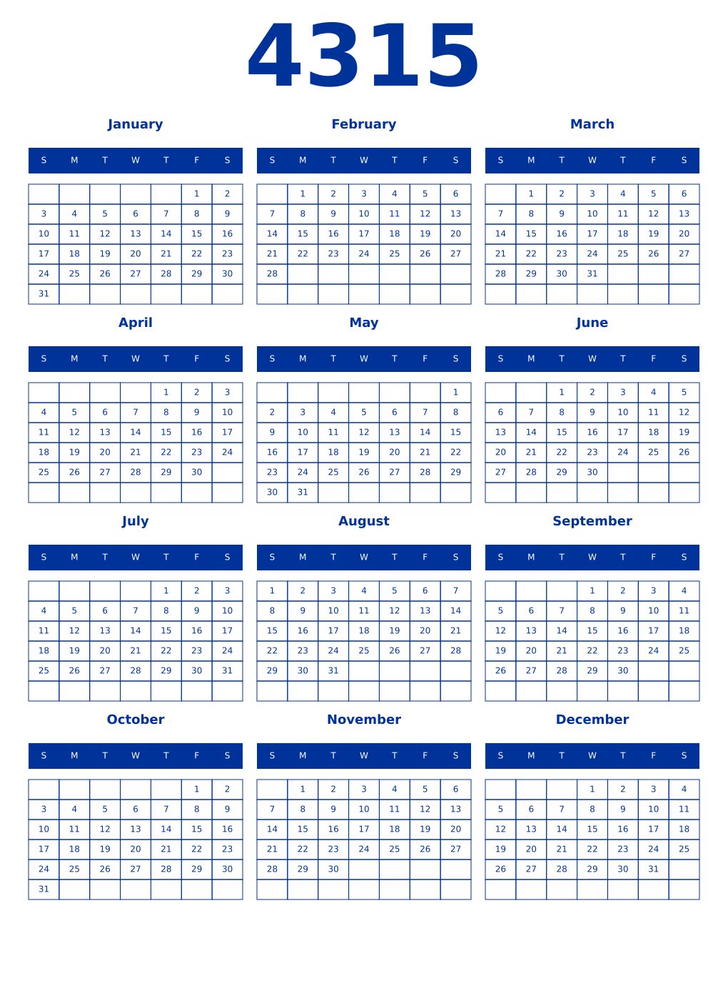 Printable 4315 Year Calendars smalt