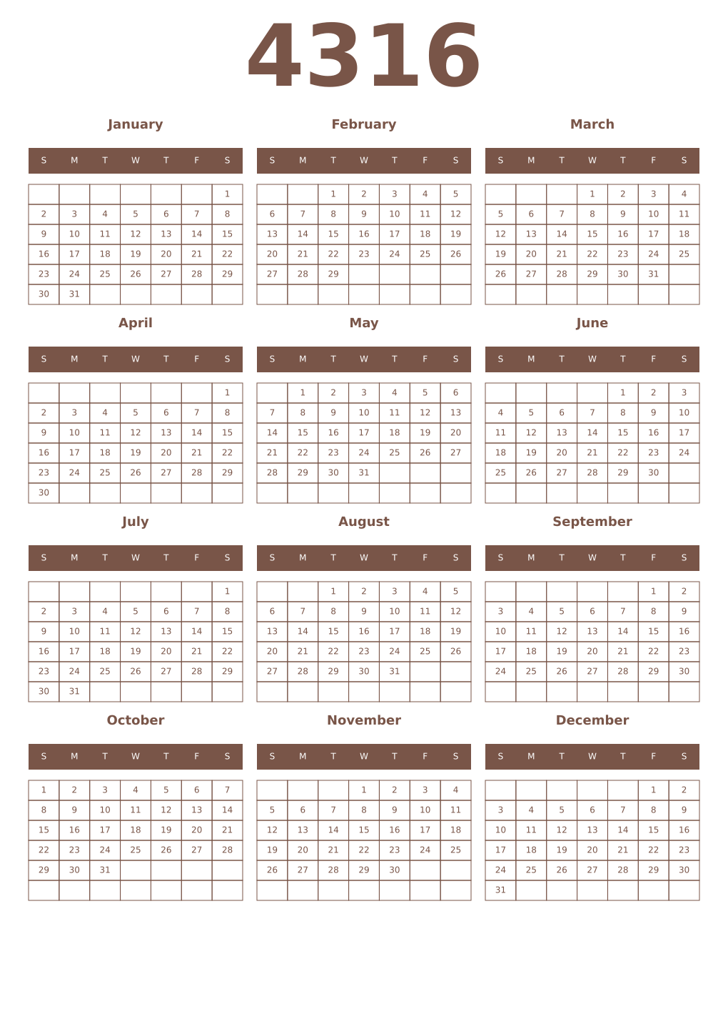 Printable 4316 Year Calendars coffe