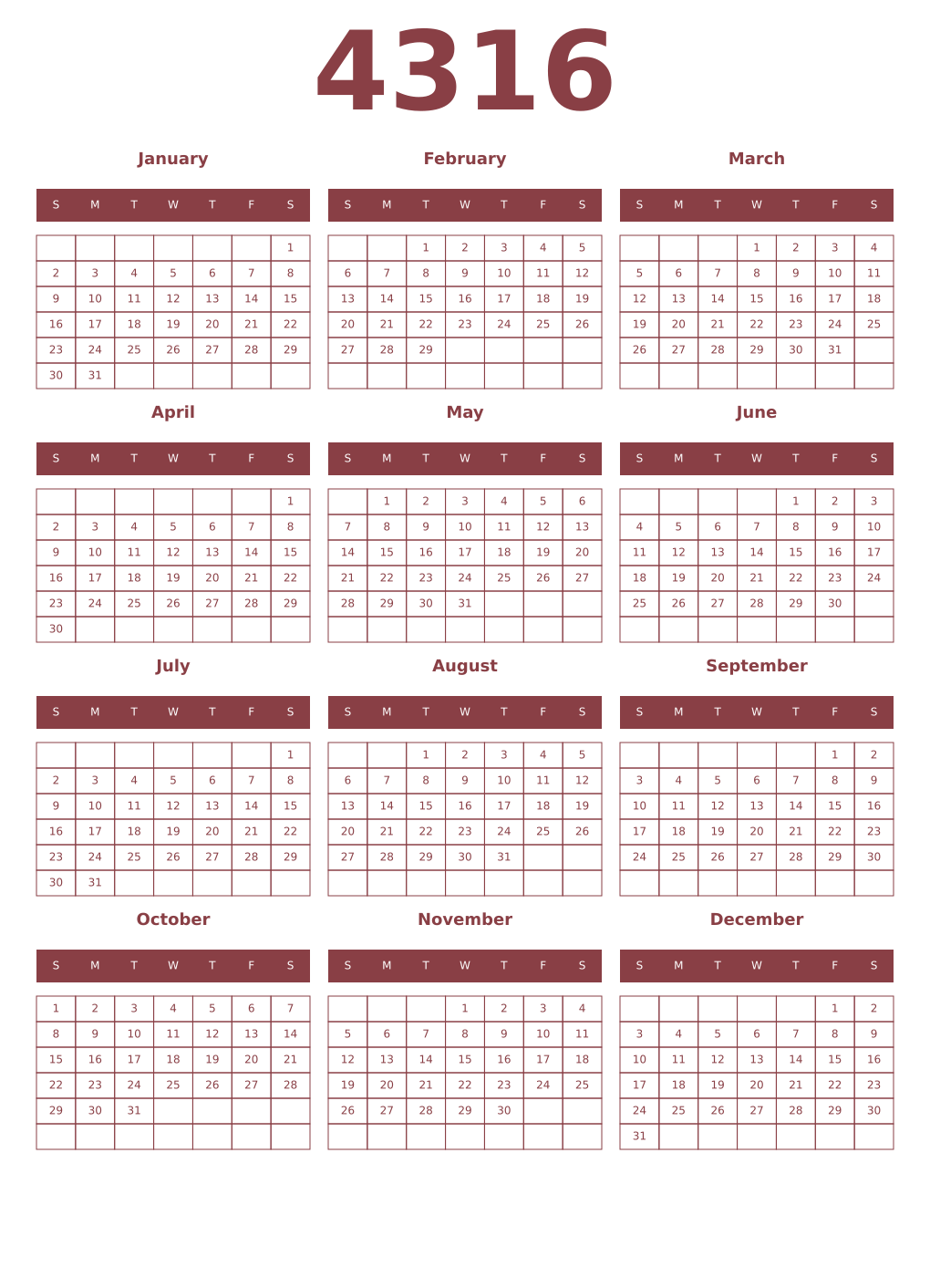 Printable 4316 Year Calendars cordovan