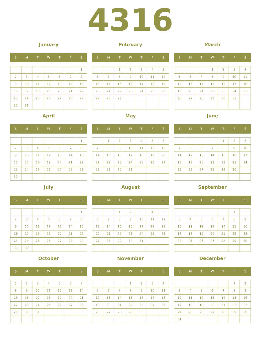 Printable 4316 Year Calendars eburnean