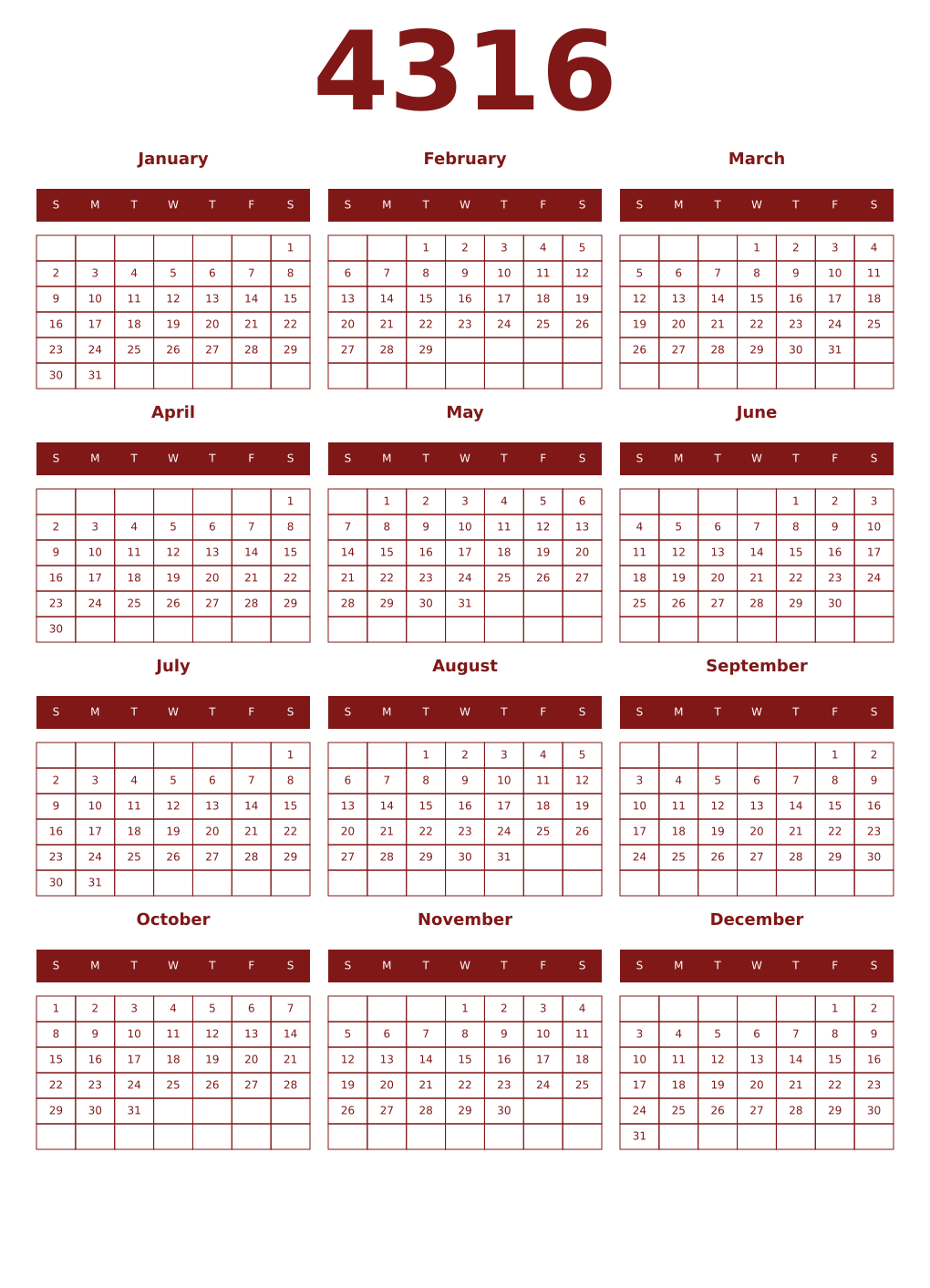 Printable 4316 Year Calendars falu