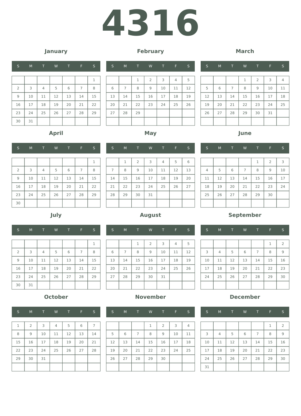 Printable 4316 Year Calendars feldgrau