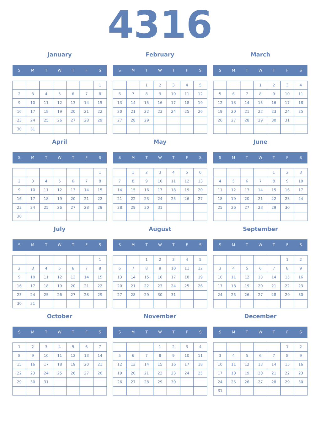 Printable 4316 Year Calendars glaucous