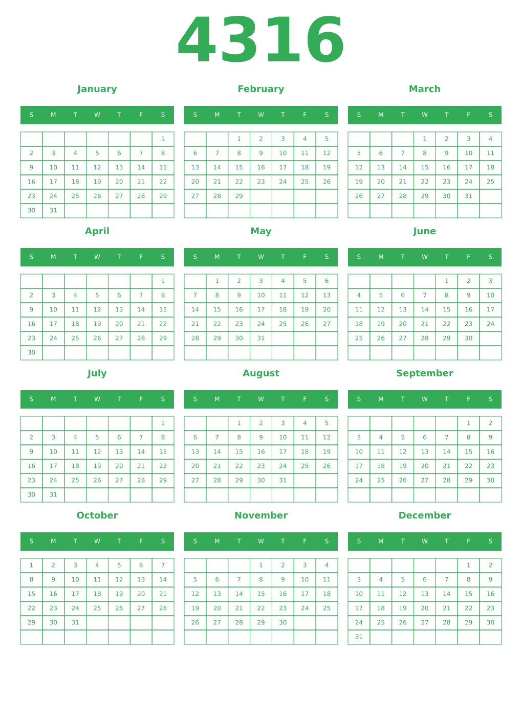 Printable 4316 Year Calendars green