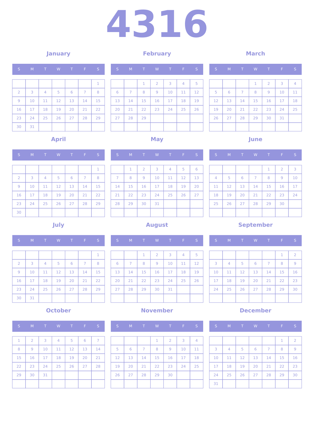 Printable 4316 Year Calendars periwinkle