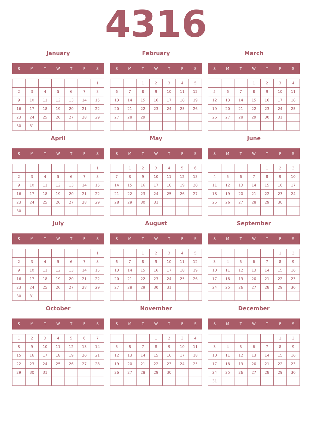 Printable 4316 Year Calendars puce