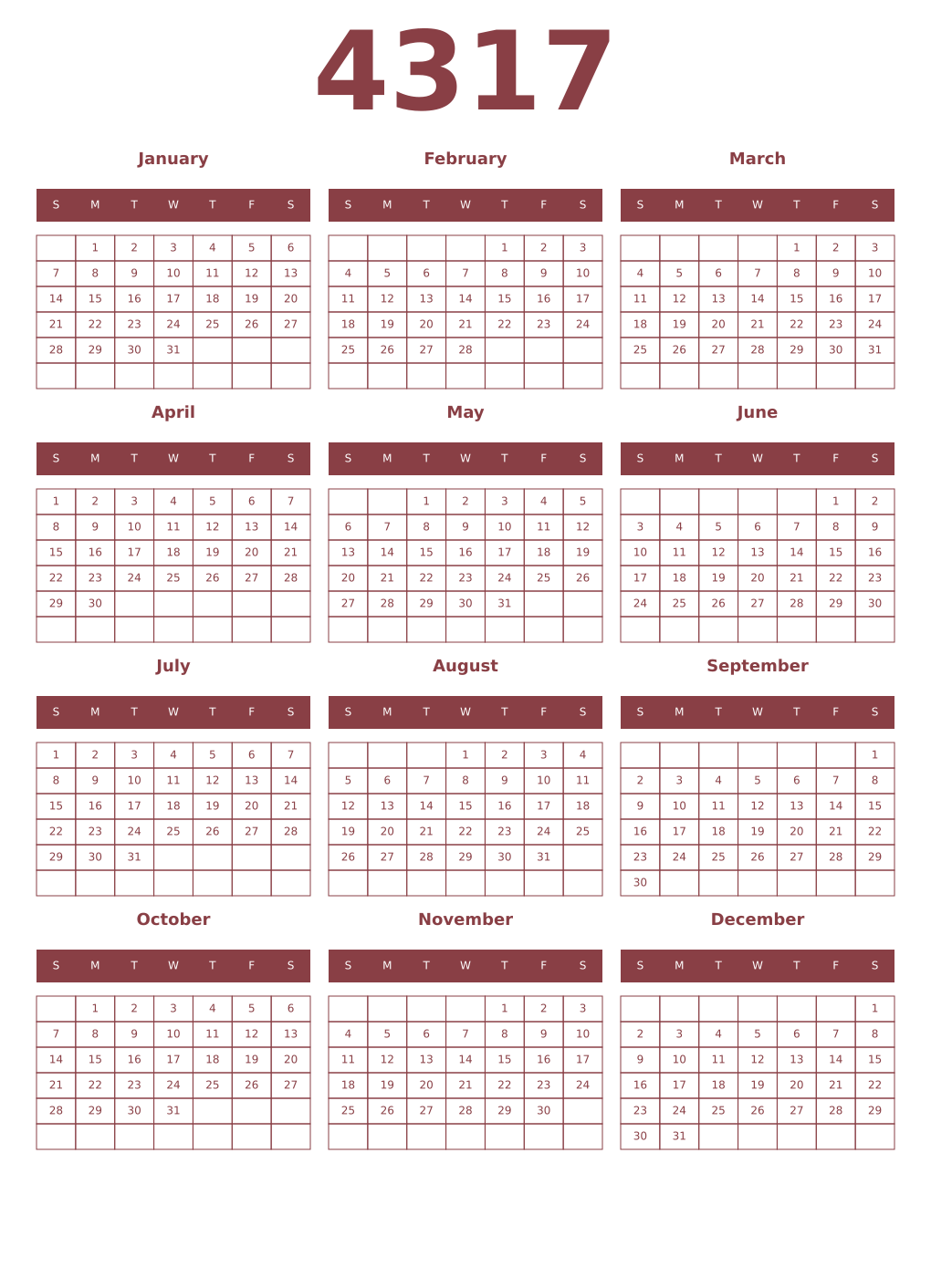 Printable 4317 Year Calendars cordovan