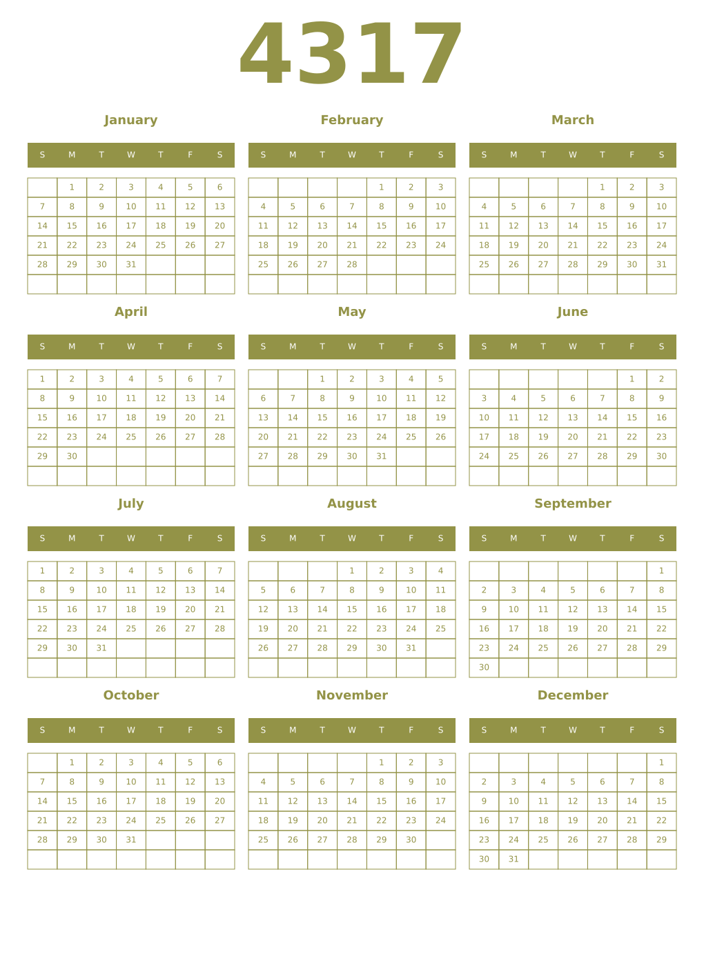 Printable 4317 Year Calendars eburnean
