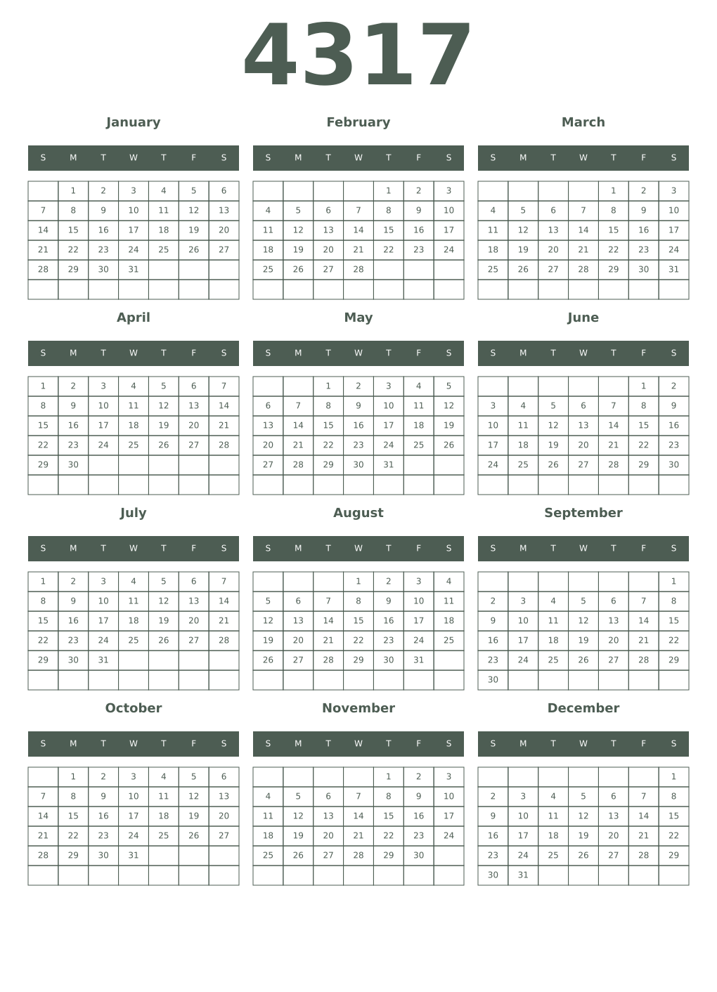Printable 4317 Year Calendars feldgrau