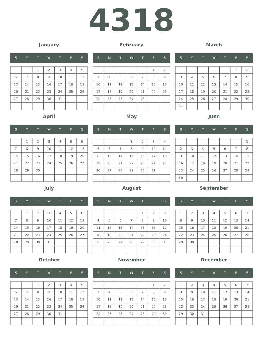 Printable 4318 Year Calendars feldgrau