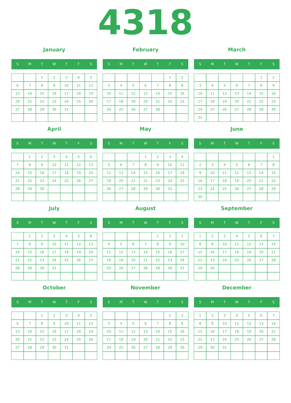 Printable 4318 Year Calendars green