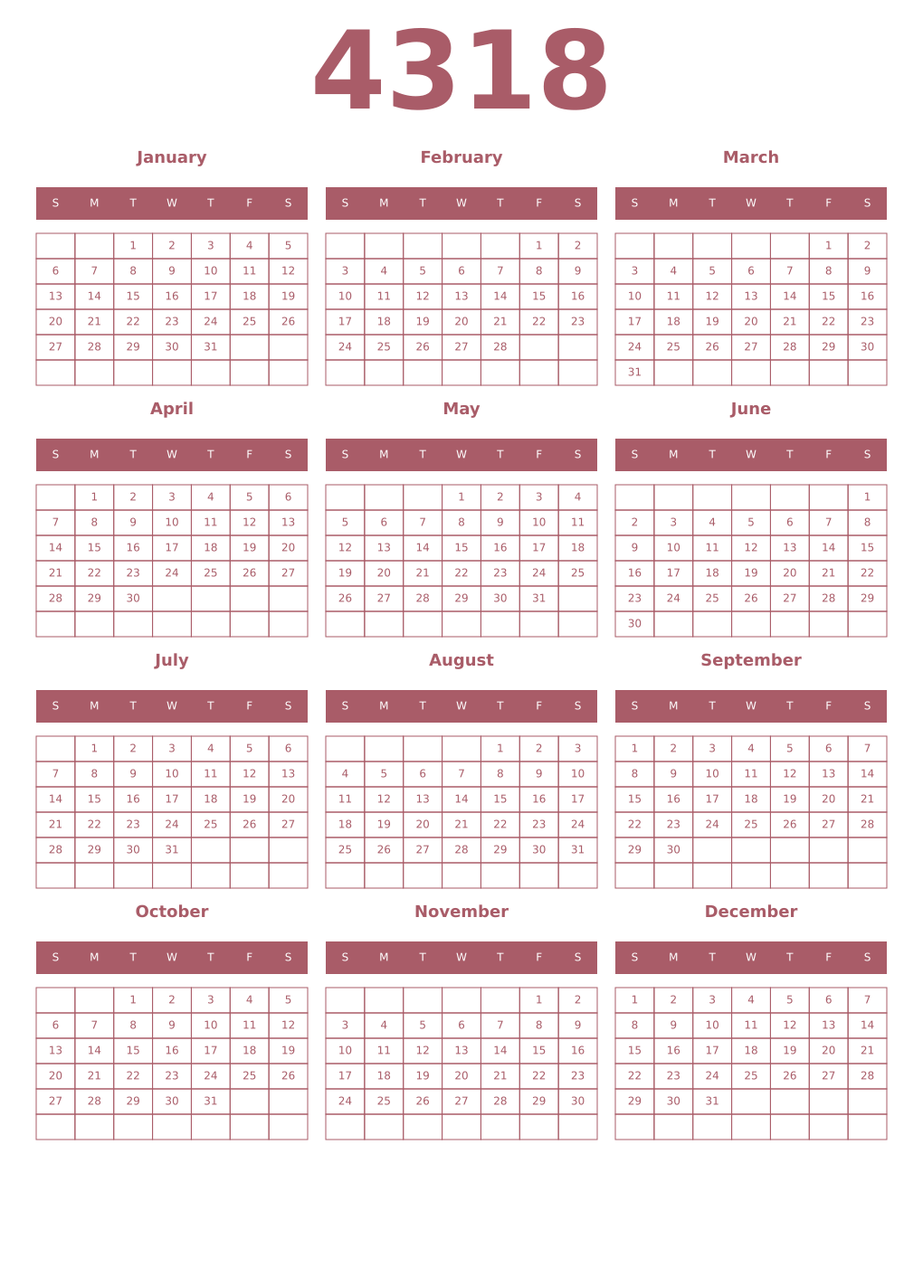 Printable 4318 Year Calendars puce