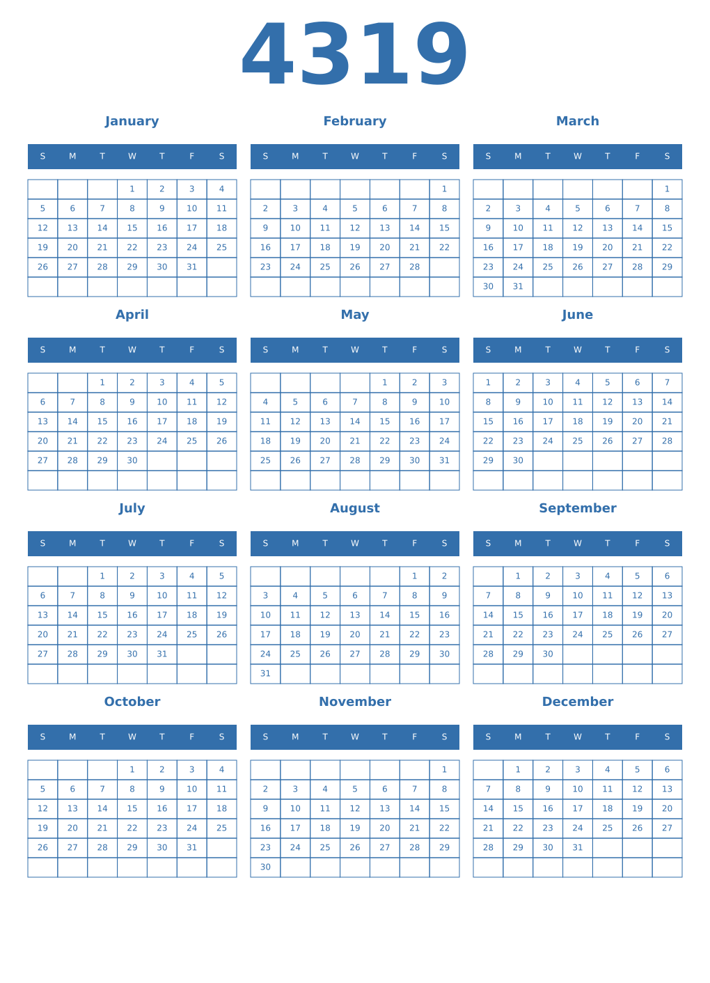 Printable 4319 Year Calendars blue