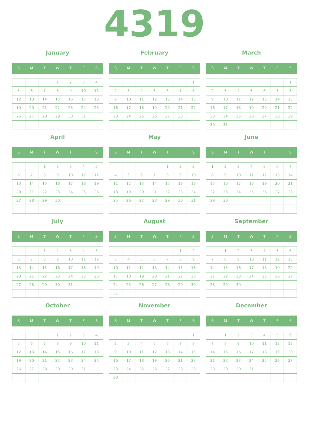 Printable 4319 Year Calendars celadon