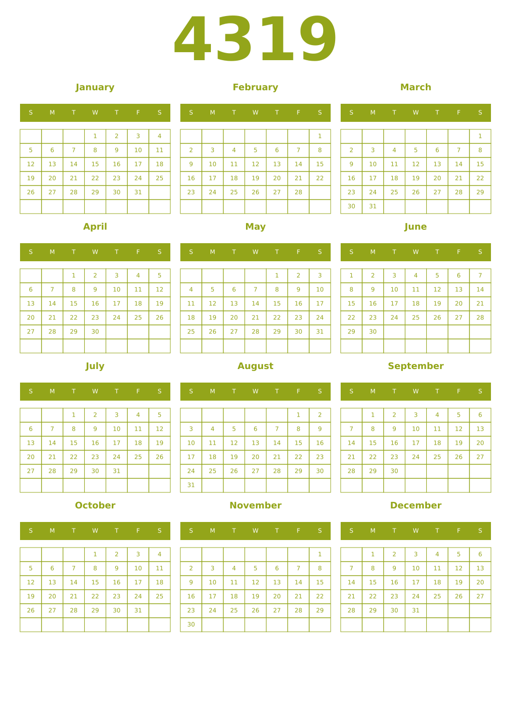 Printable 4319 Year Calendars chartreuse