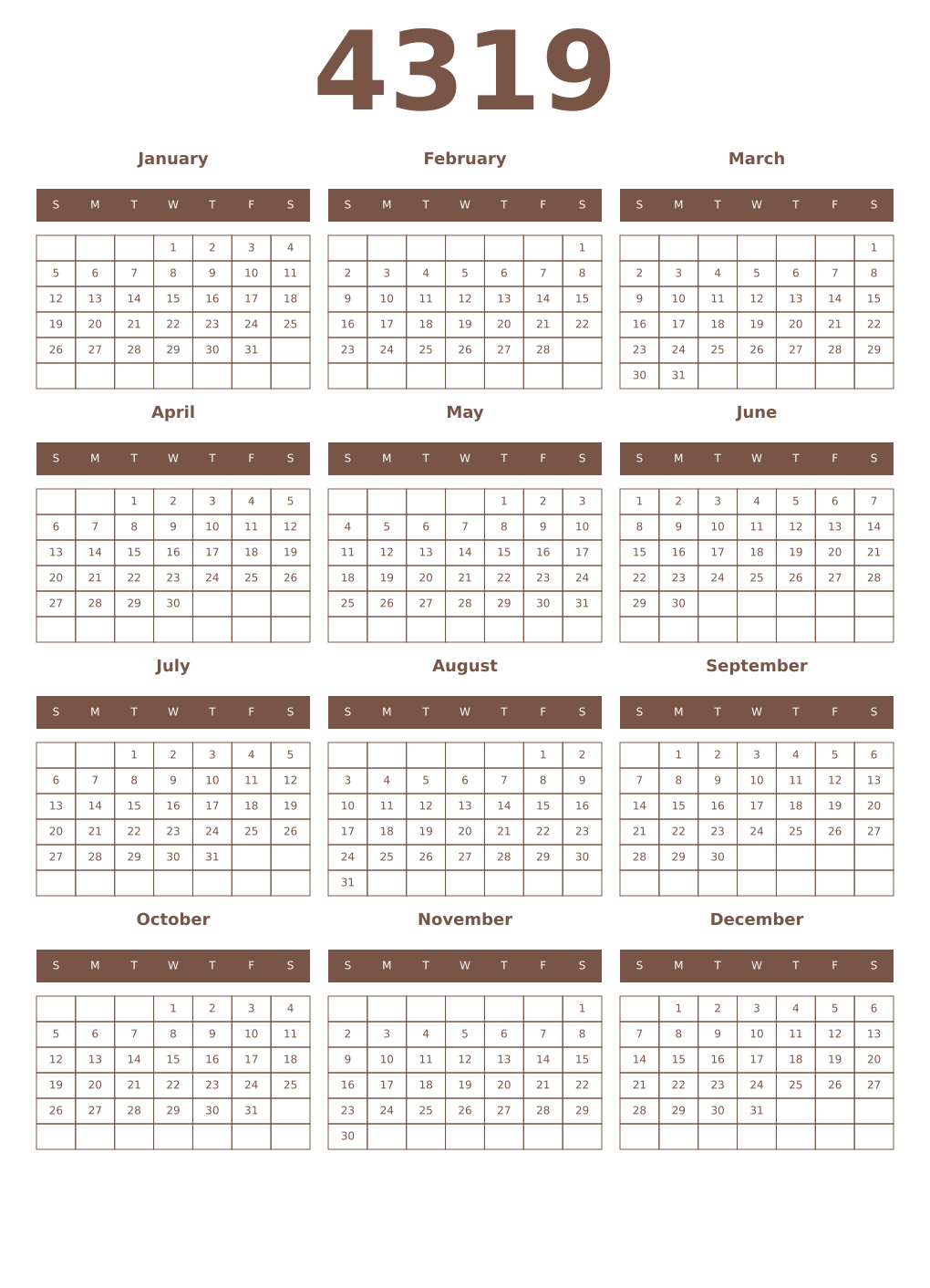 Printable 4319 Year Calendars coffe
