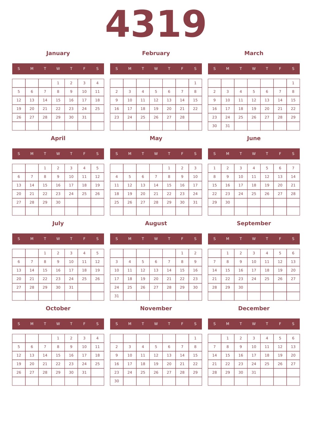 Printable 4319 Year Calendars cordovan