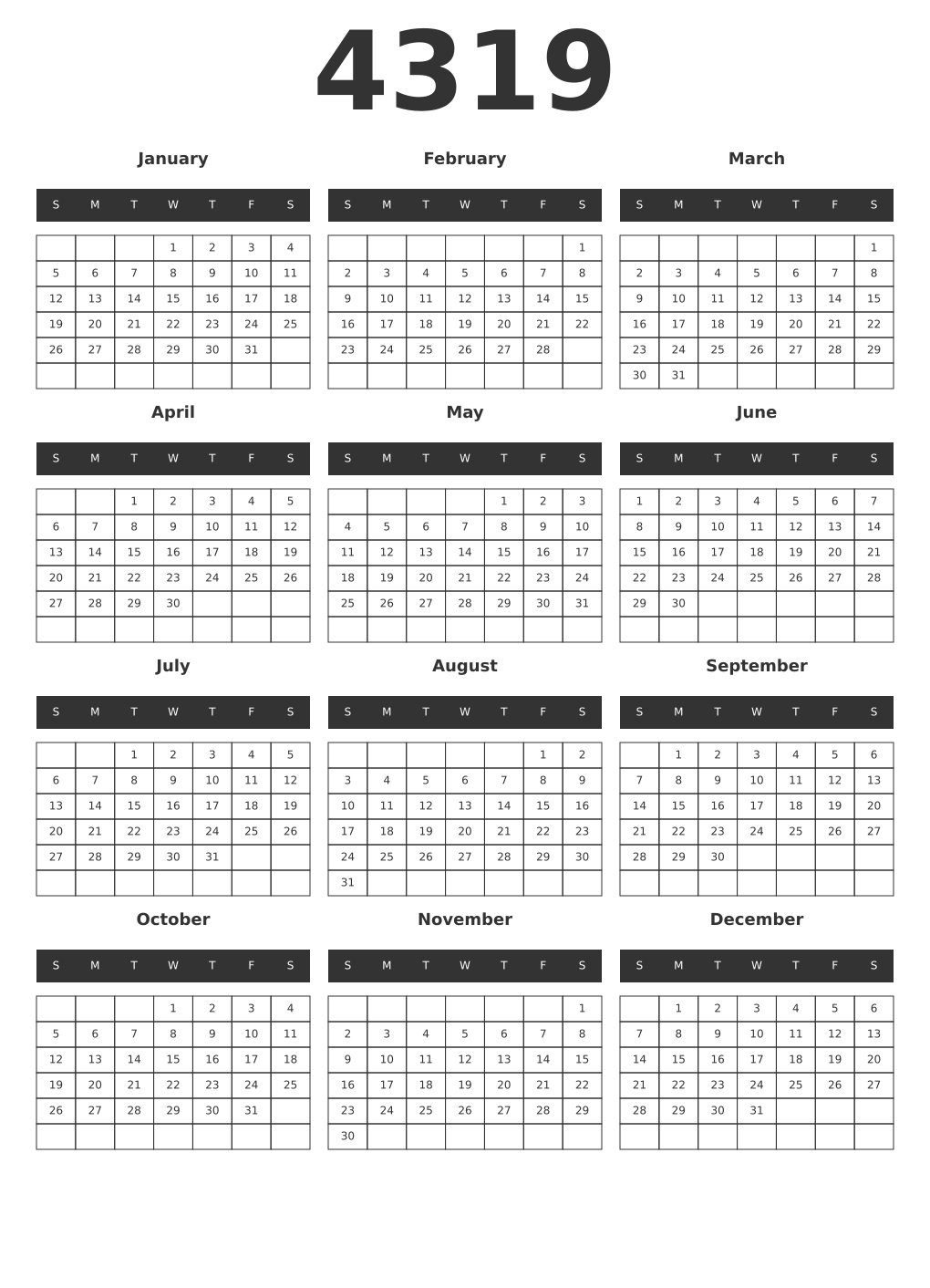 Printable 4319 Year Calendars dark