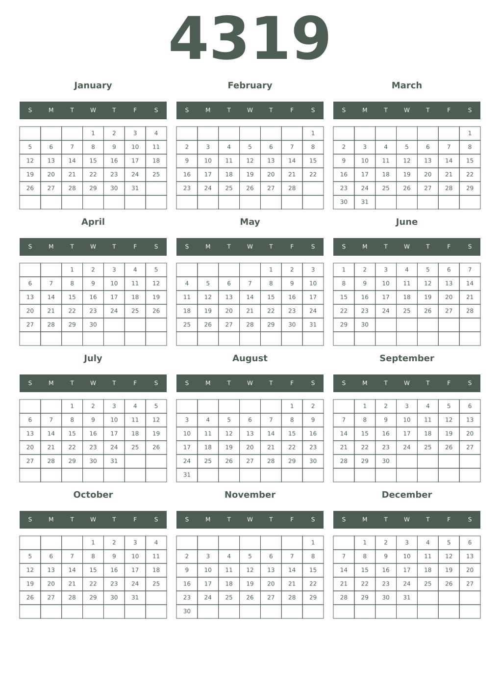 Printable 4319 Year Calendars feldgrau